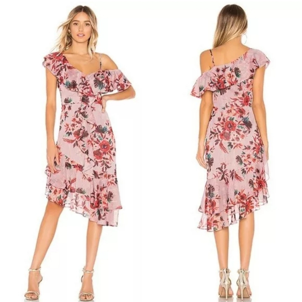 Lovers + Friends Stacy Floral Ruffle Midi Dress Metallic Off Shoulder Pink Sz S